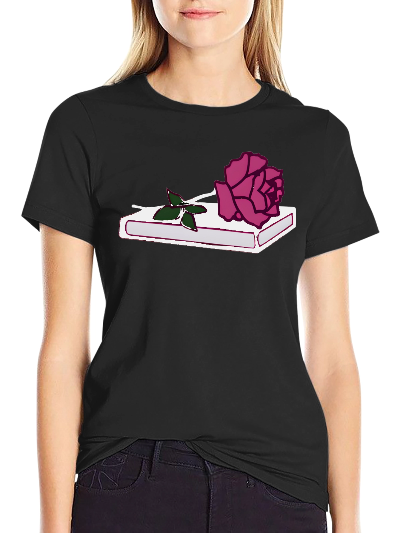 Rose on Book Graphic Tee - Stylish Black T-Shirt