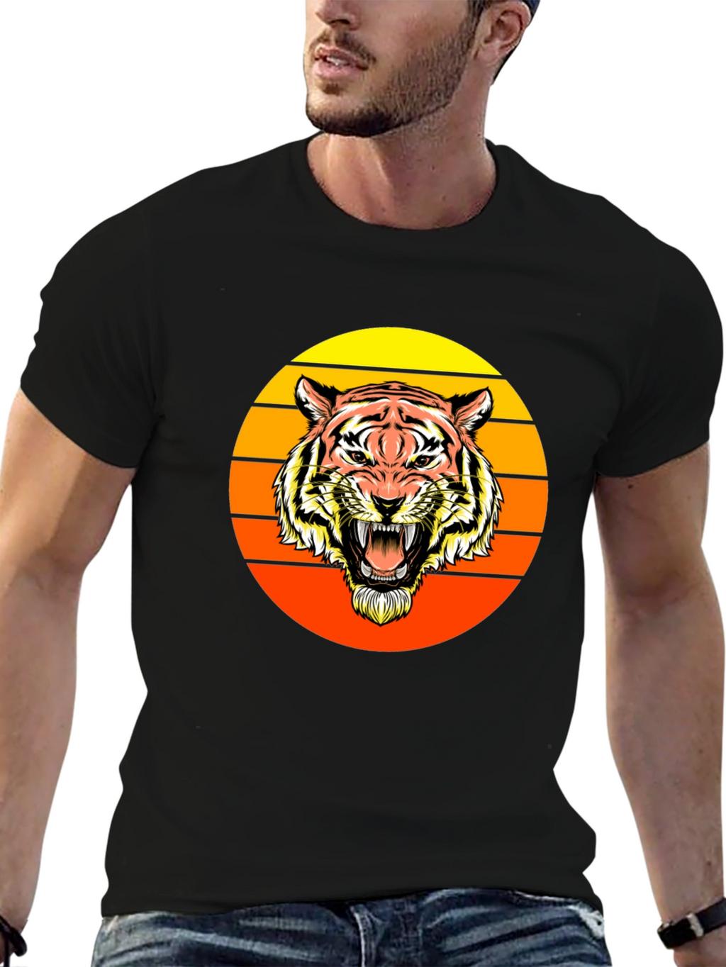 Retro Tiger Graphic Tee - Black Crew Neck