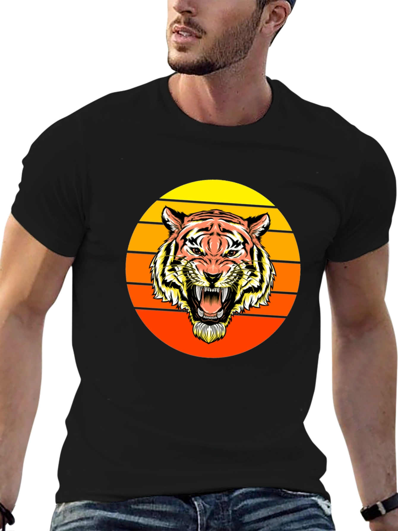 Retro Tiger Graphic Tee - Black Crew Neck