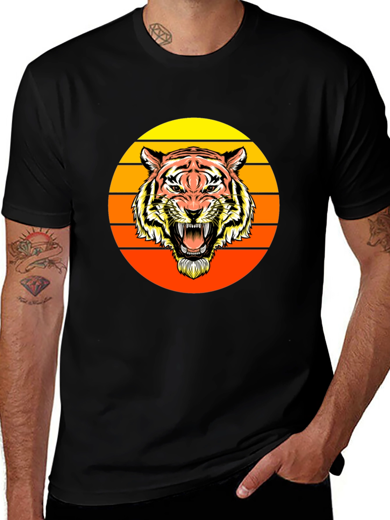 Retro Tiger Graphic Tee - Black Crew Neck