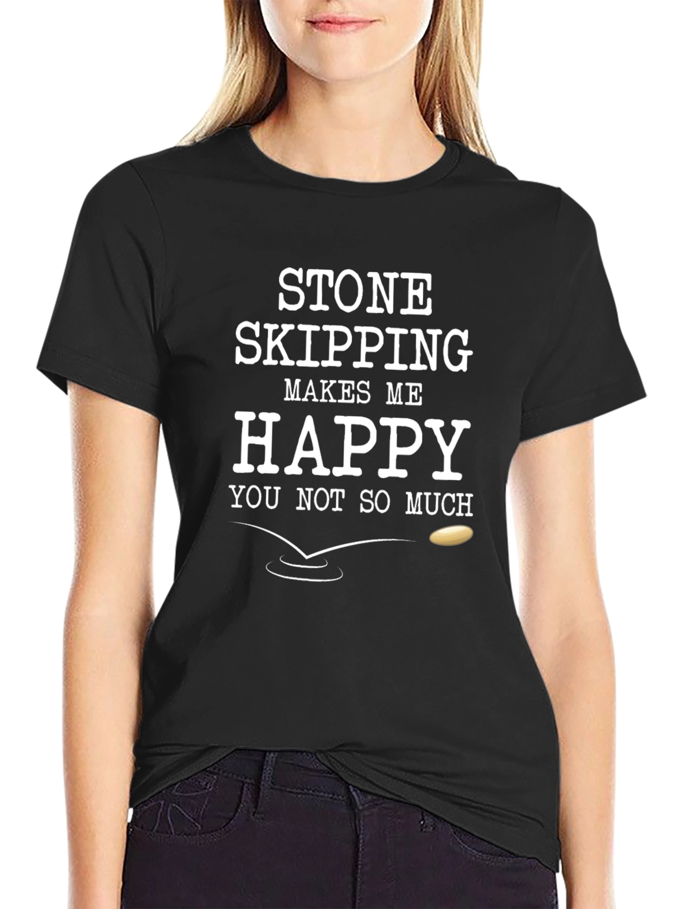 Stone Skipping T-Shirt Funny Mens Black Cotton Tee