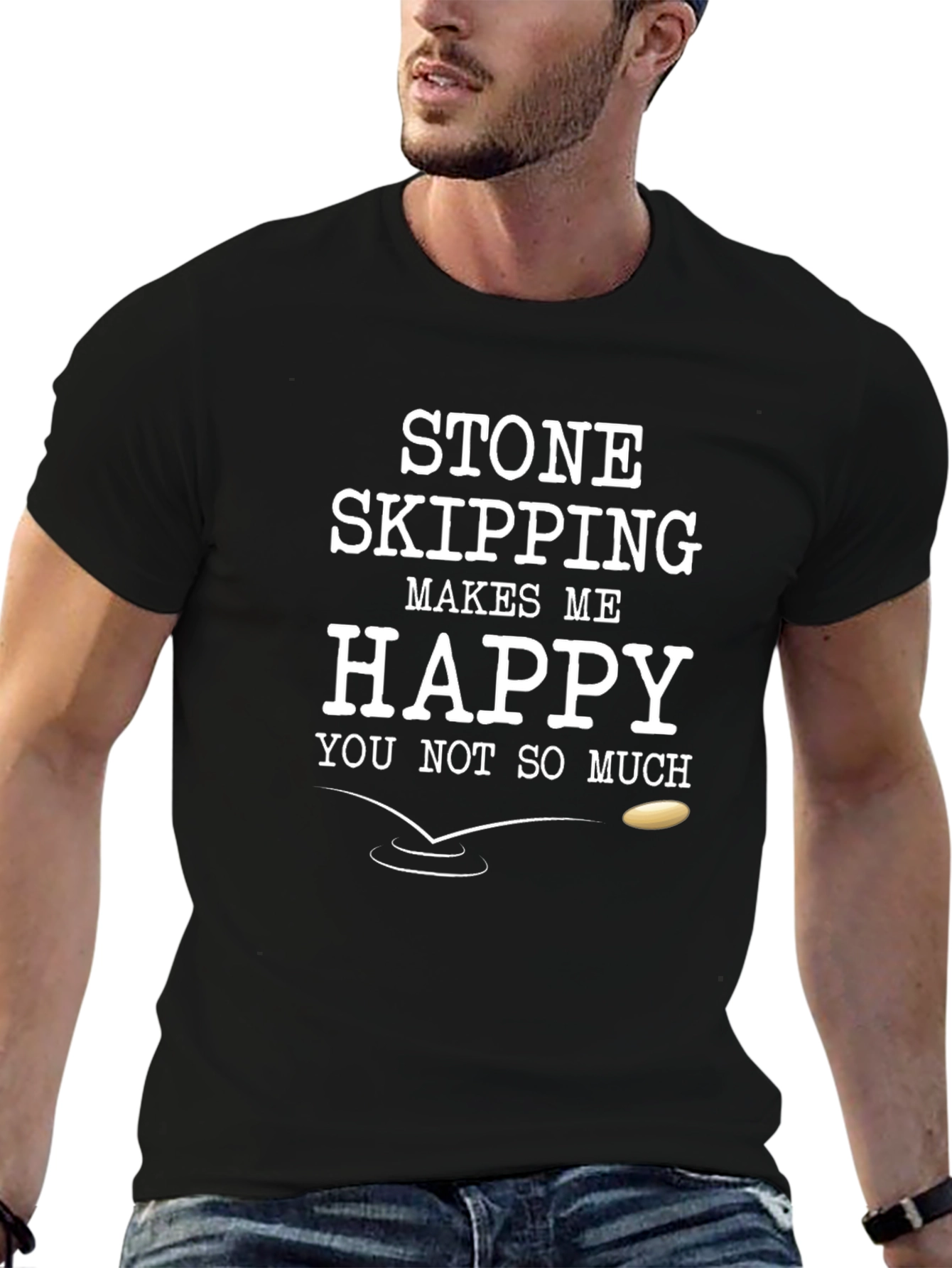 Stone Skipping T-Shirt Funny Mens Black Cotton Tee