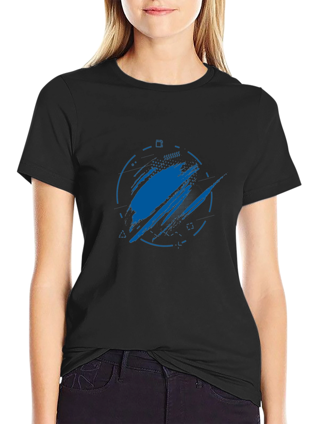 Abstract Blue Graphic Print Black T-Shirt