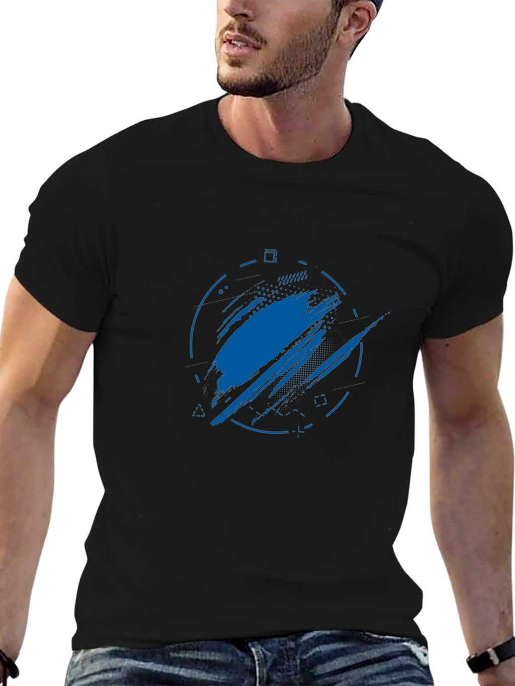Abstract Blue Graphic Print Black T-Shirt