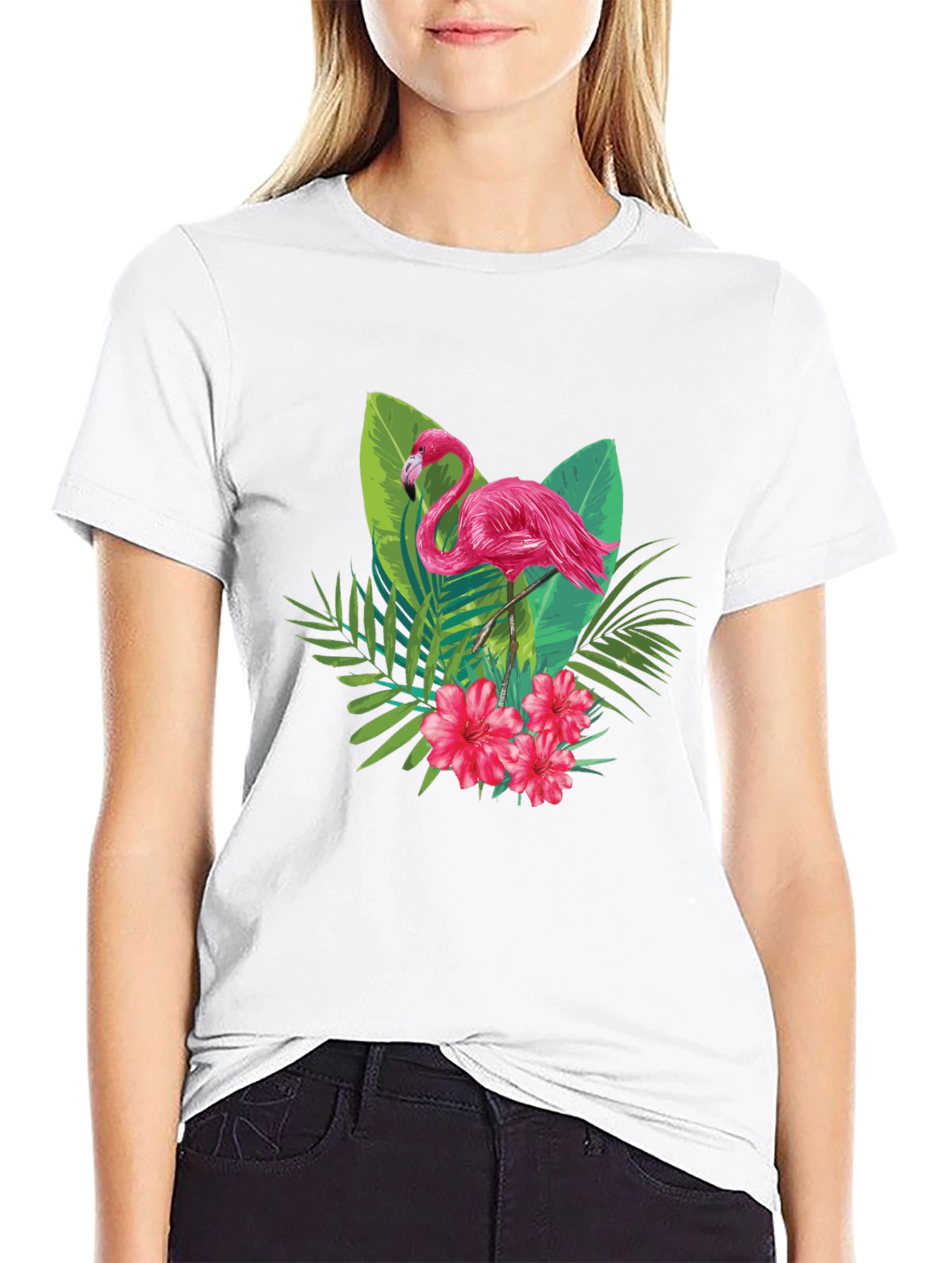 Tropical Flamingo Graphic Black T-Shirt