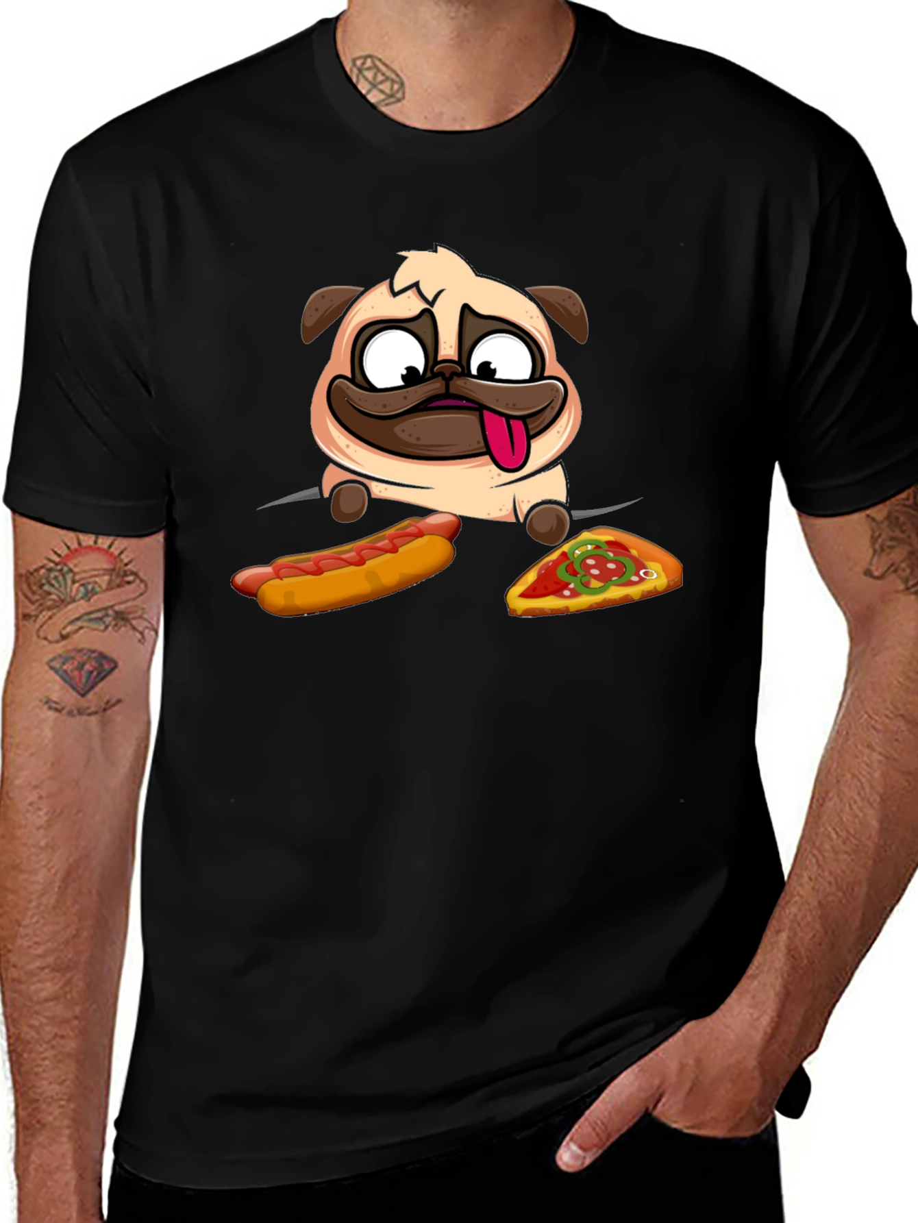Pug Hotdog & Pizza Black Graphic T-Shirt