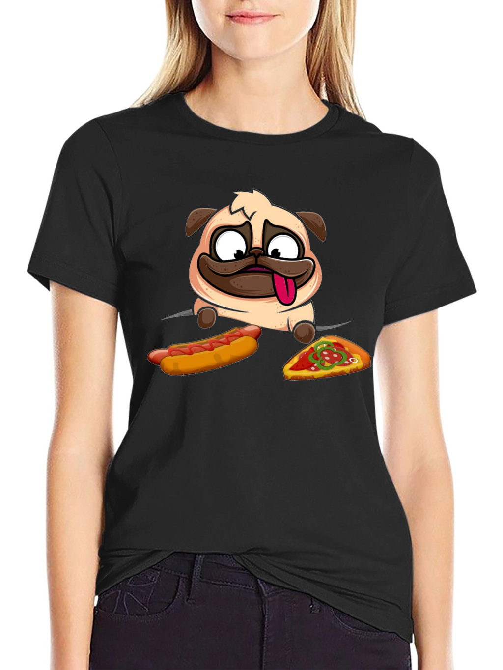 Pug Hotdog & Pizza Black Graphic T-Shirt