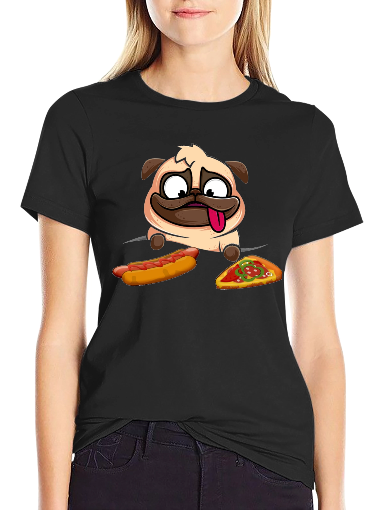 Pug Hotdog & Pizza Black Graphic T-Shirt