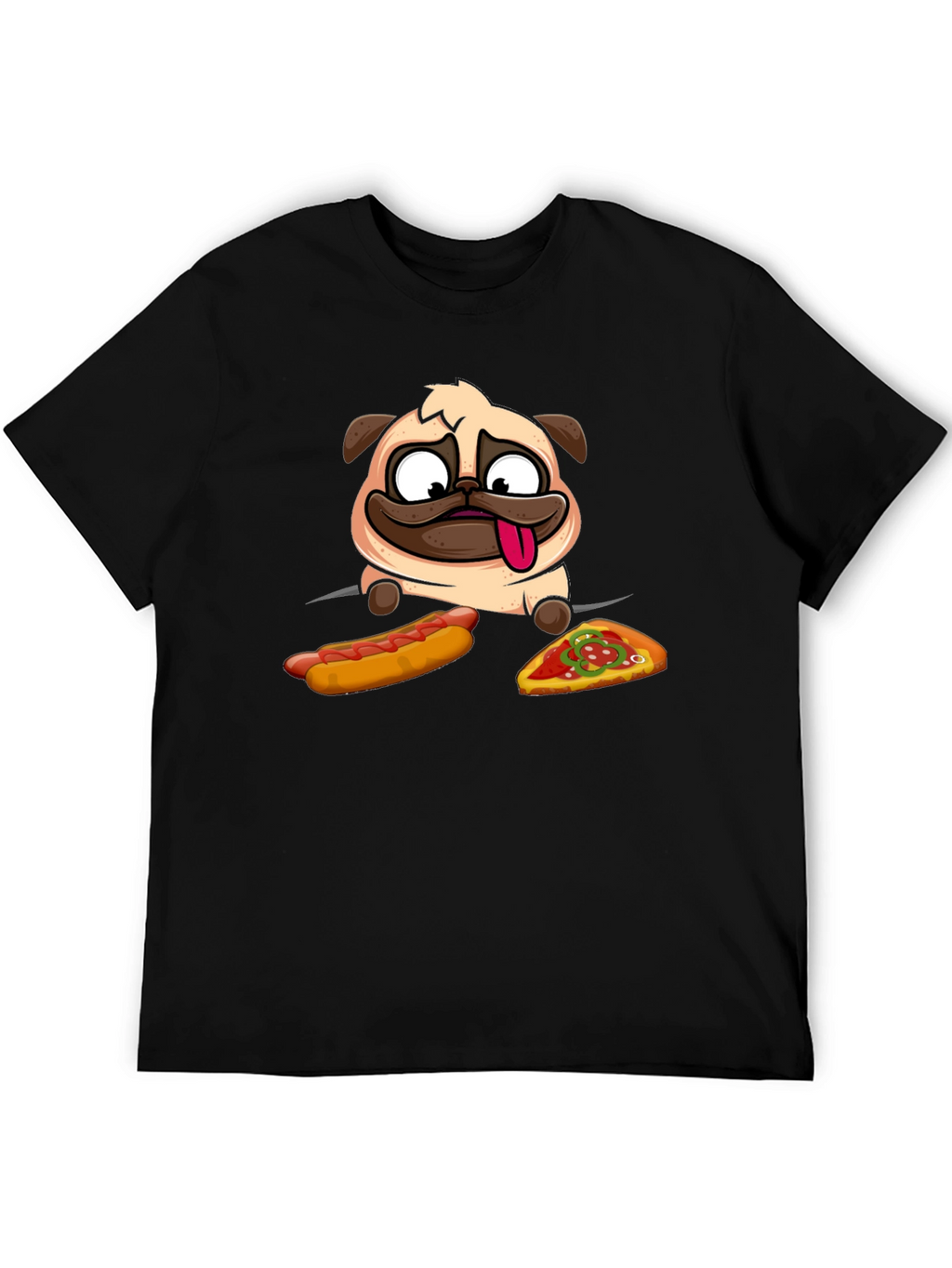 Pug Hotdog & Pizza Black Graphic T-Shirt