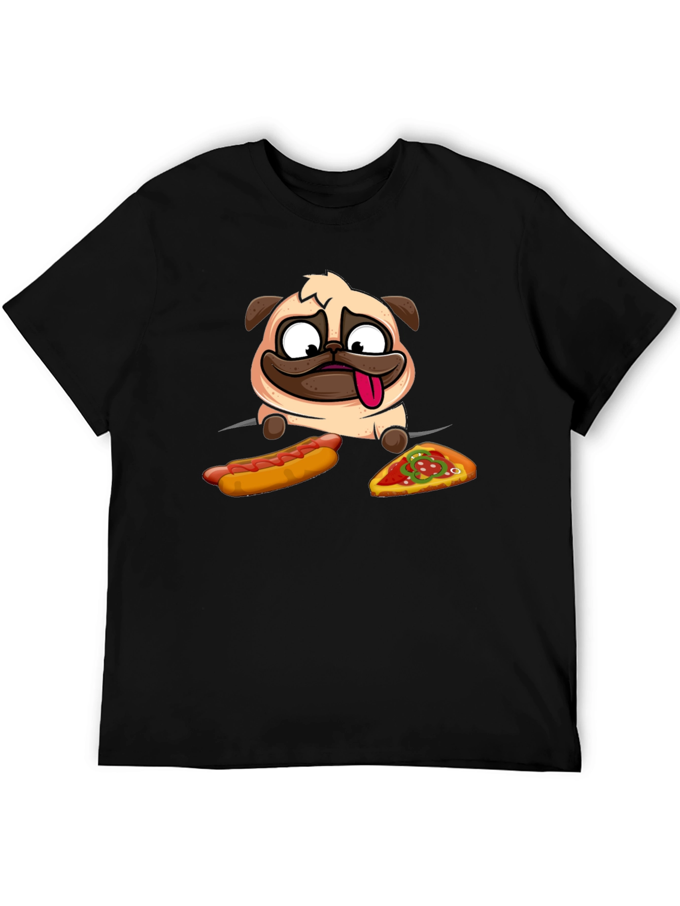 Pug Hotdog & Pizza Black Graphic T-Shirt
