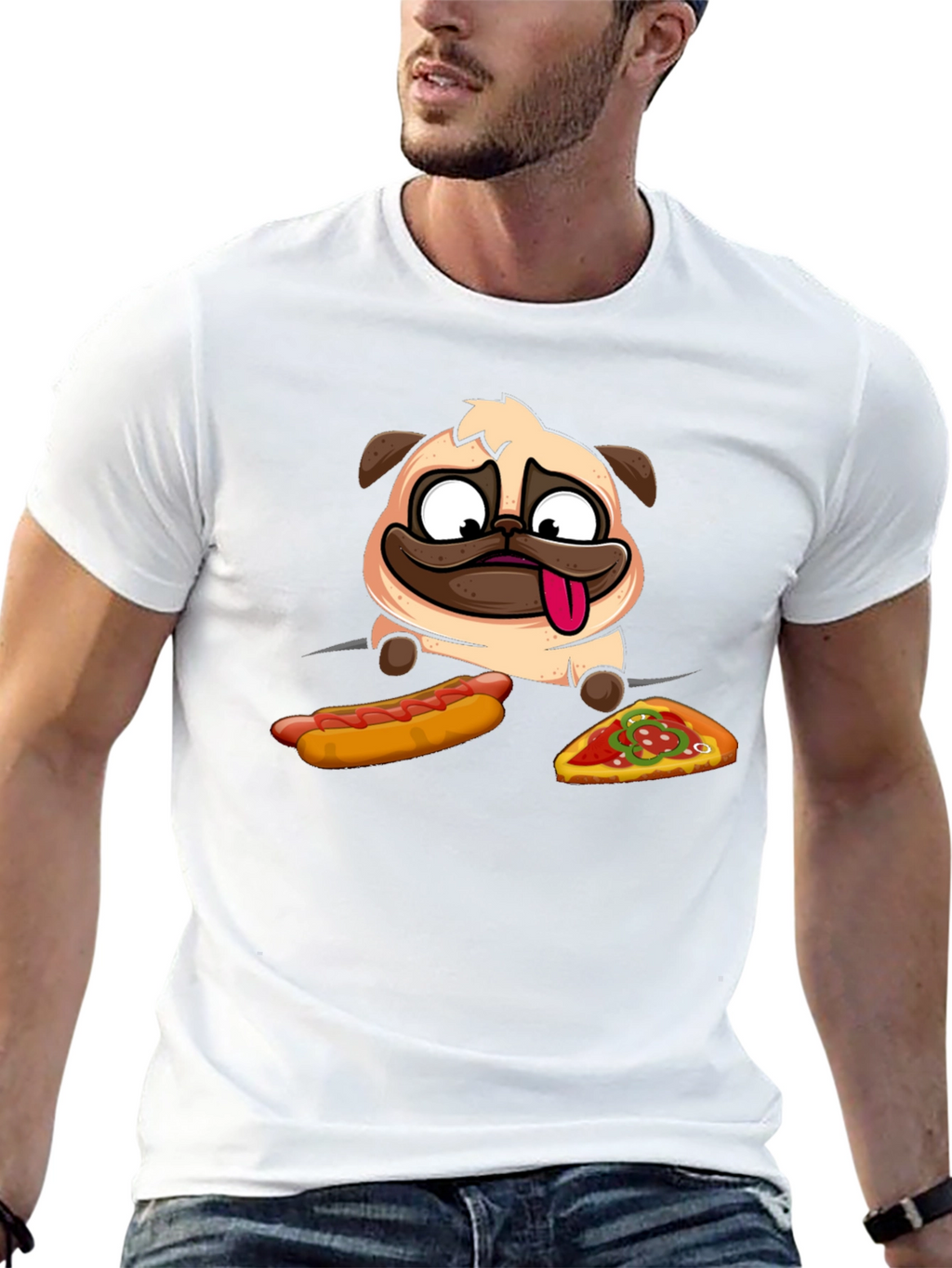 Pug Hotdog & Pizza Black Graphic T-Shirt