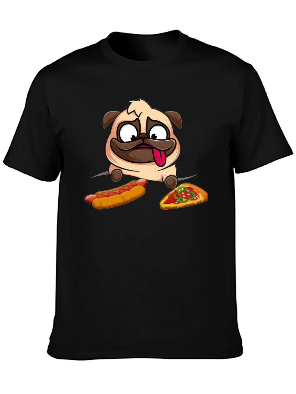 Pug Hotdog & Pizza Black Graphic T-Shirt