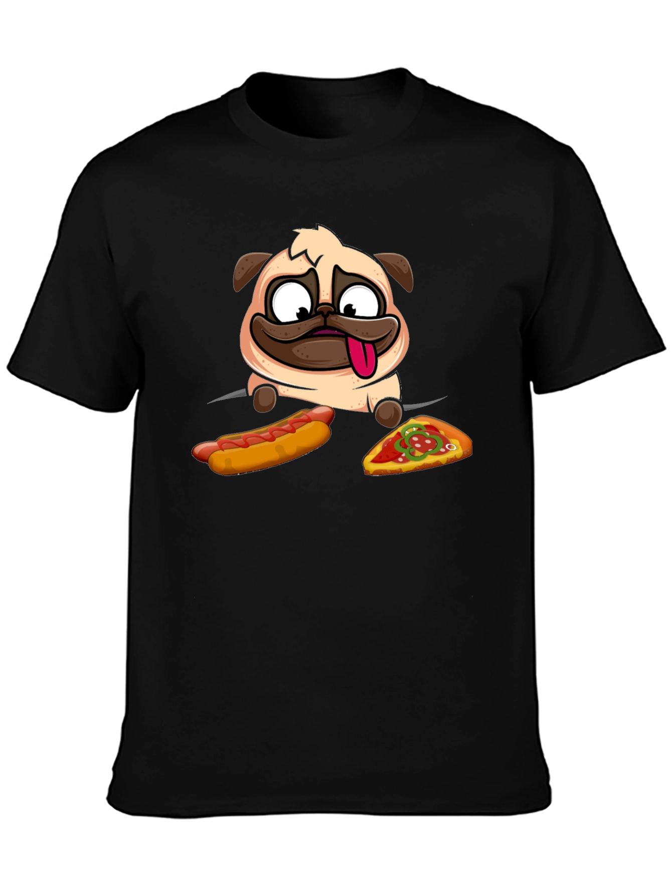 Pug Hotdog & Pizza Black Graphic T-Shirt