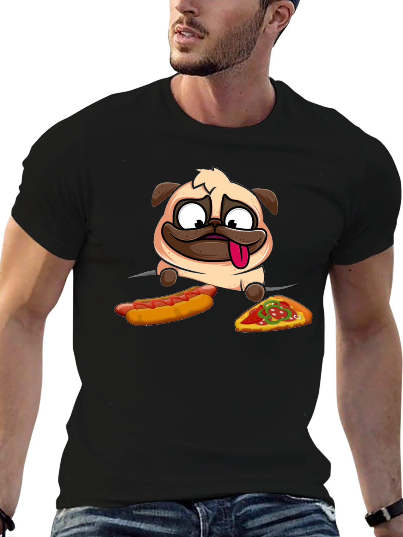 Pug Hotdog & Pizza Black Graphic T-Shirt