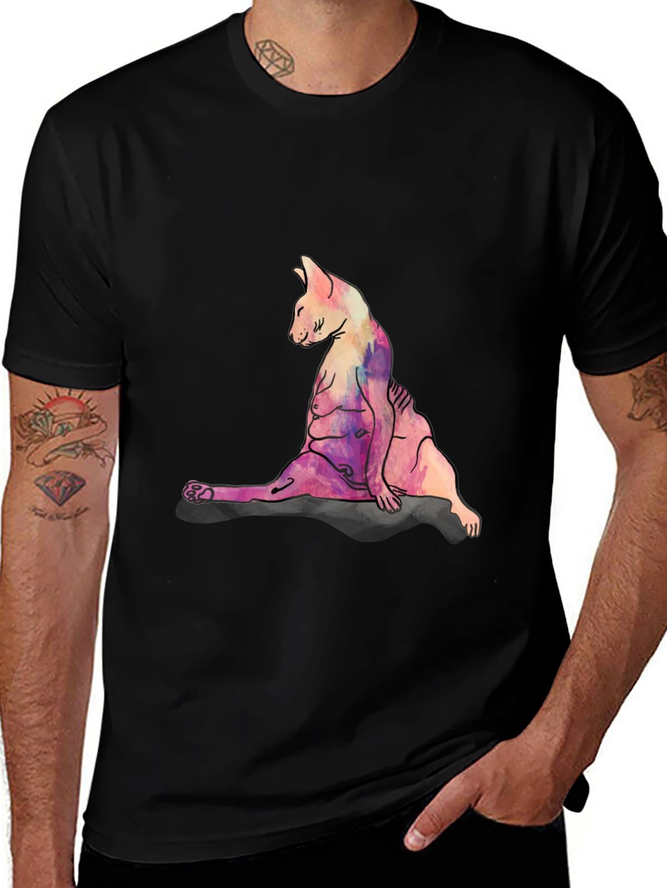 Watercolor Cat Print Black T-Shirt