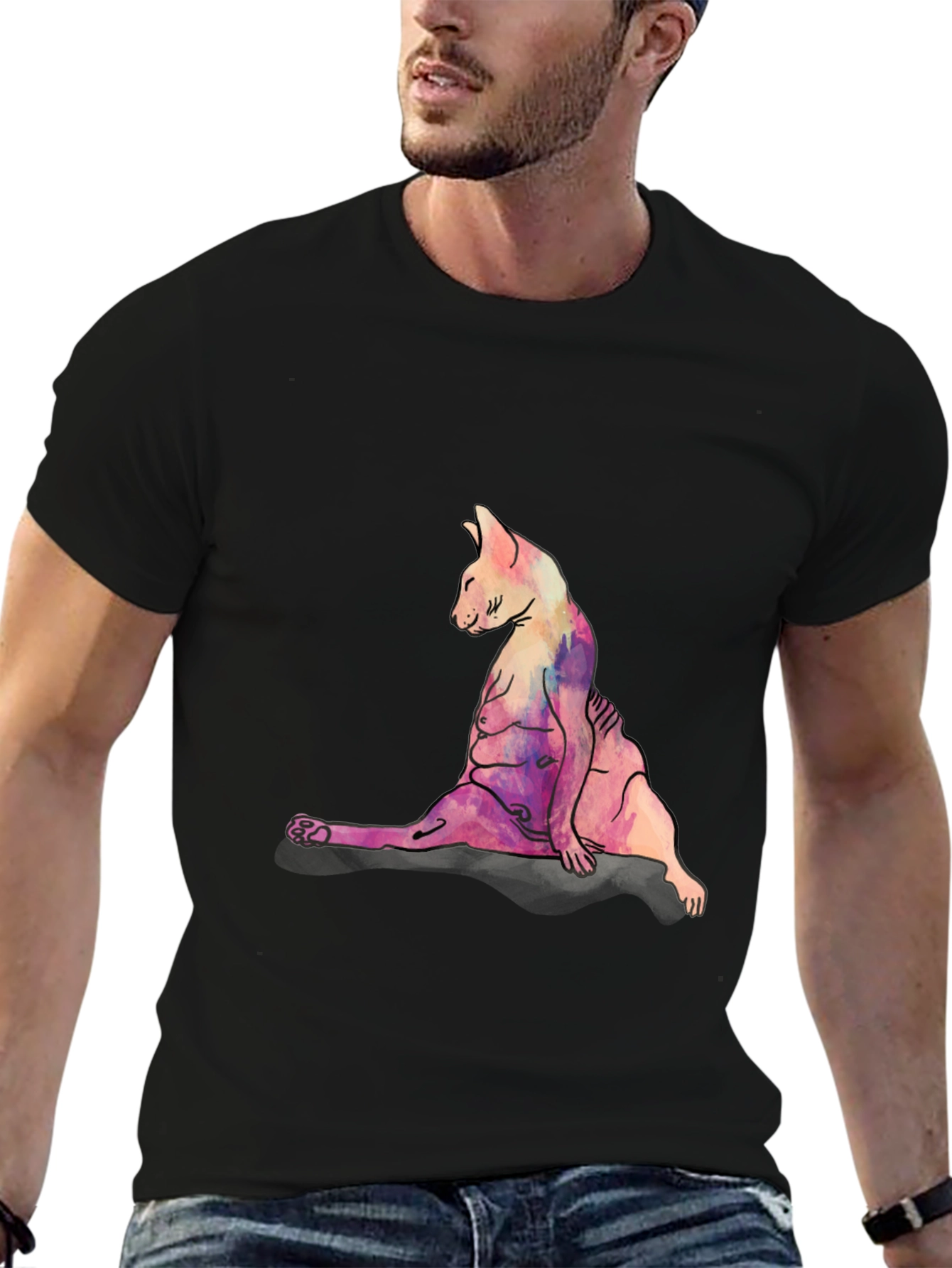 Watercolor Cat Print Black T-Shirt