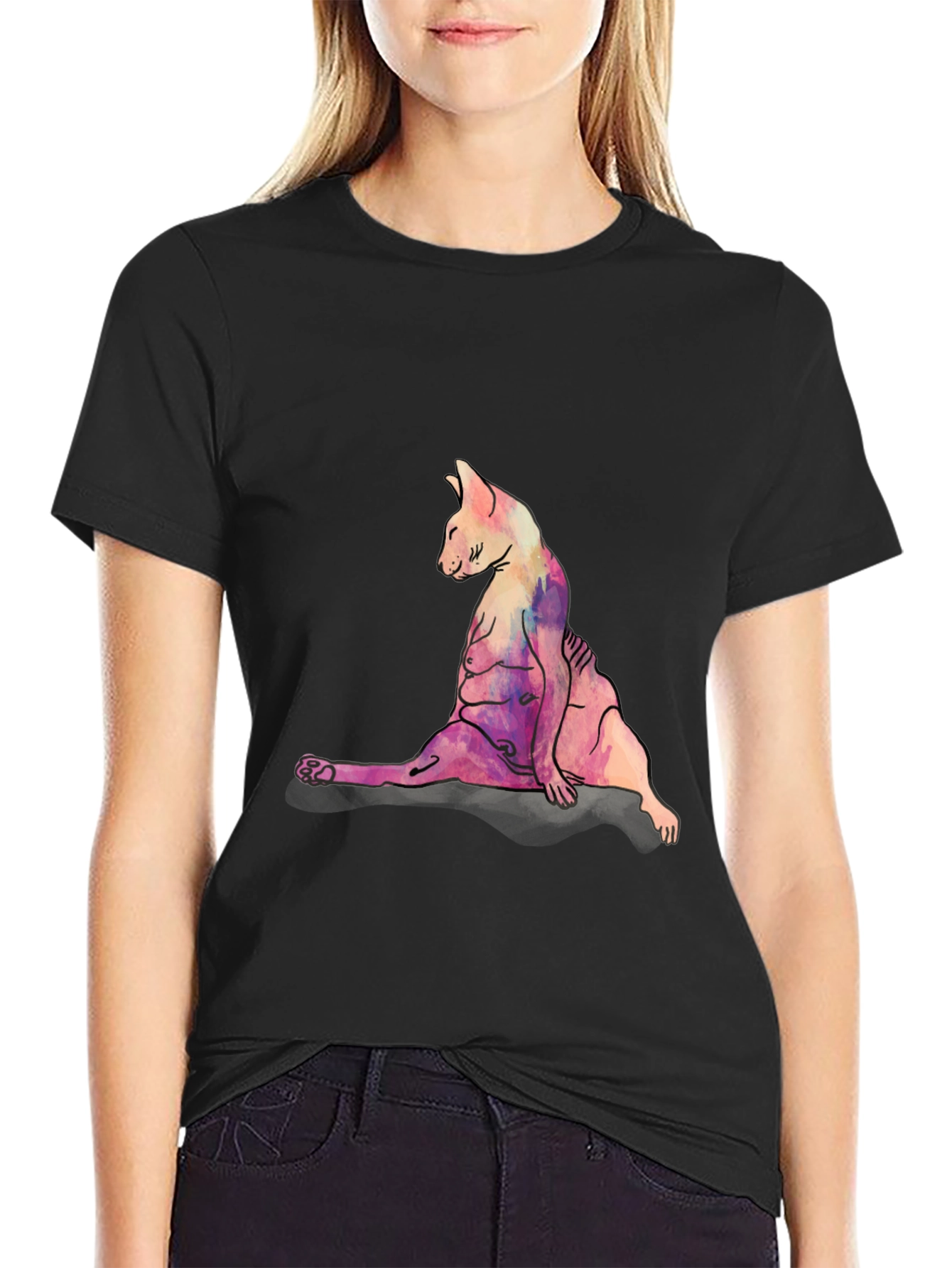 Watercolor Cat Print Black T-Shirt