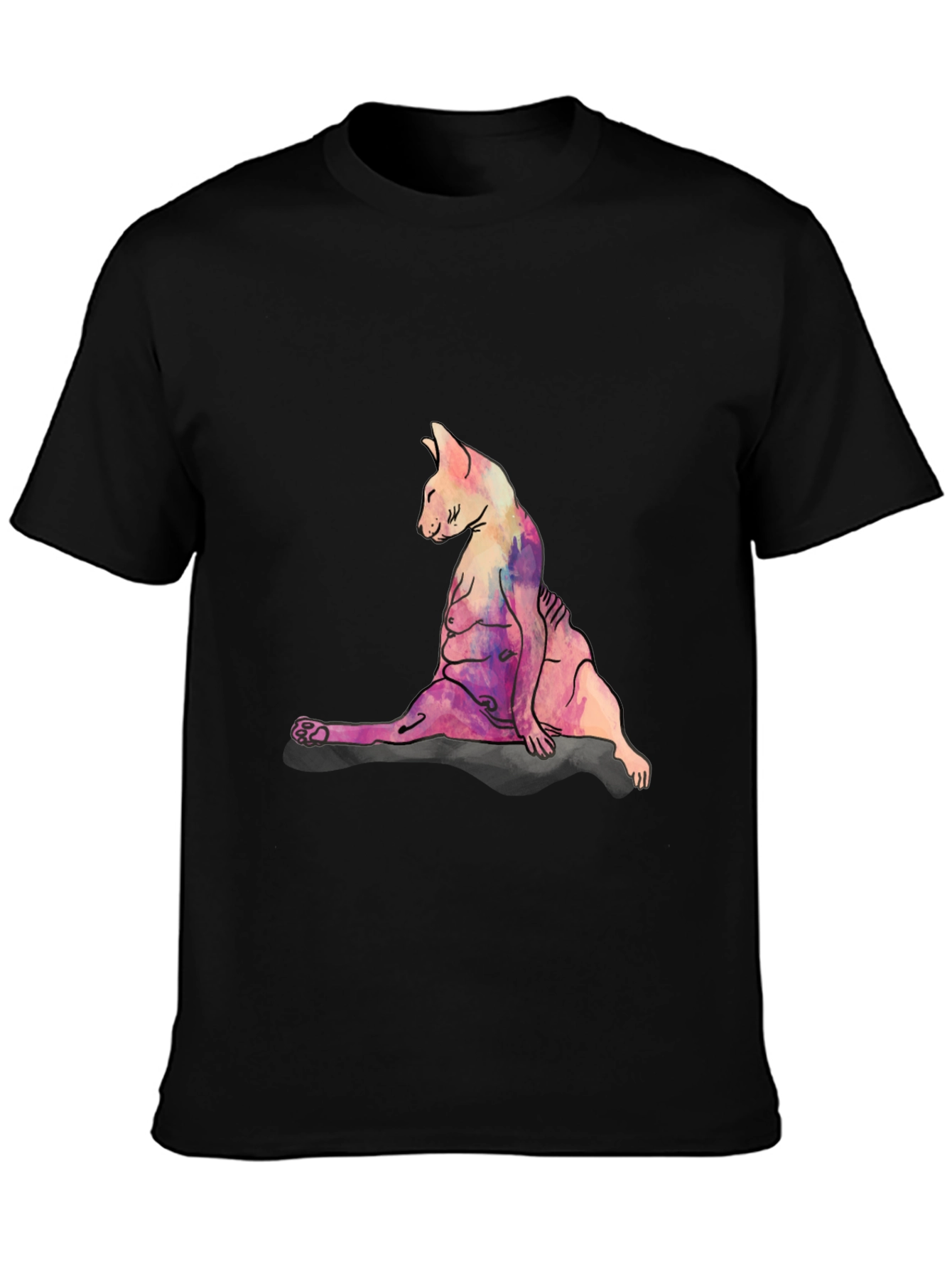 Watercolor Cat Print Black T-Shirt