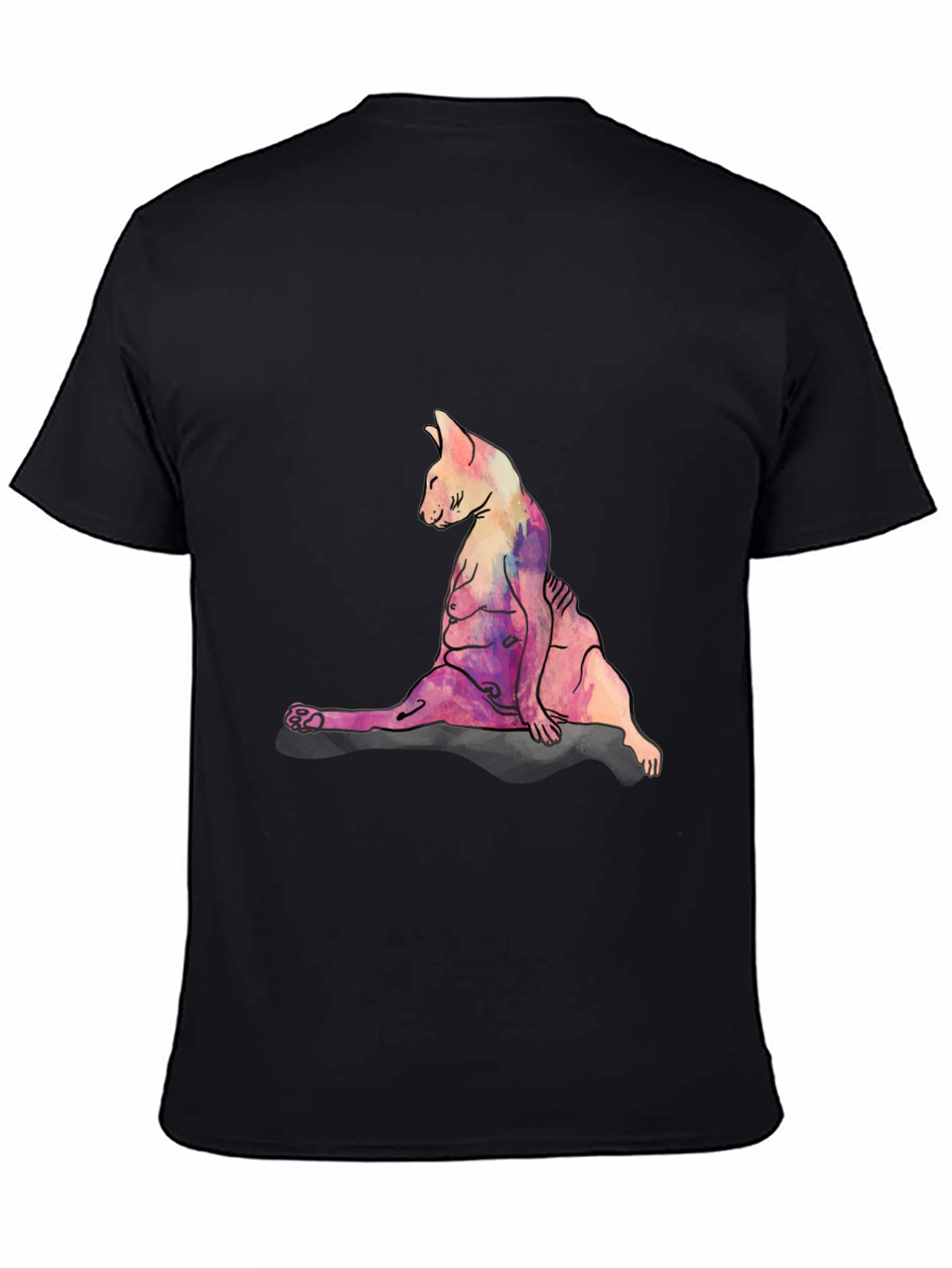 Watercolor Cat Print Black T-Shirt