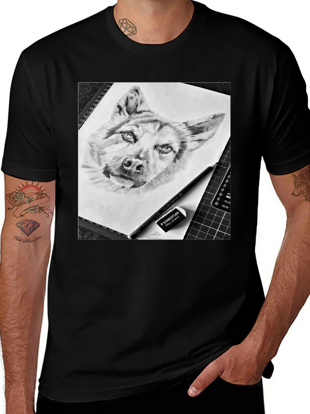 Dog Sketch Graphic Tee - Black Cotton Blend