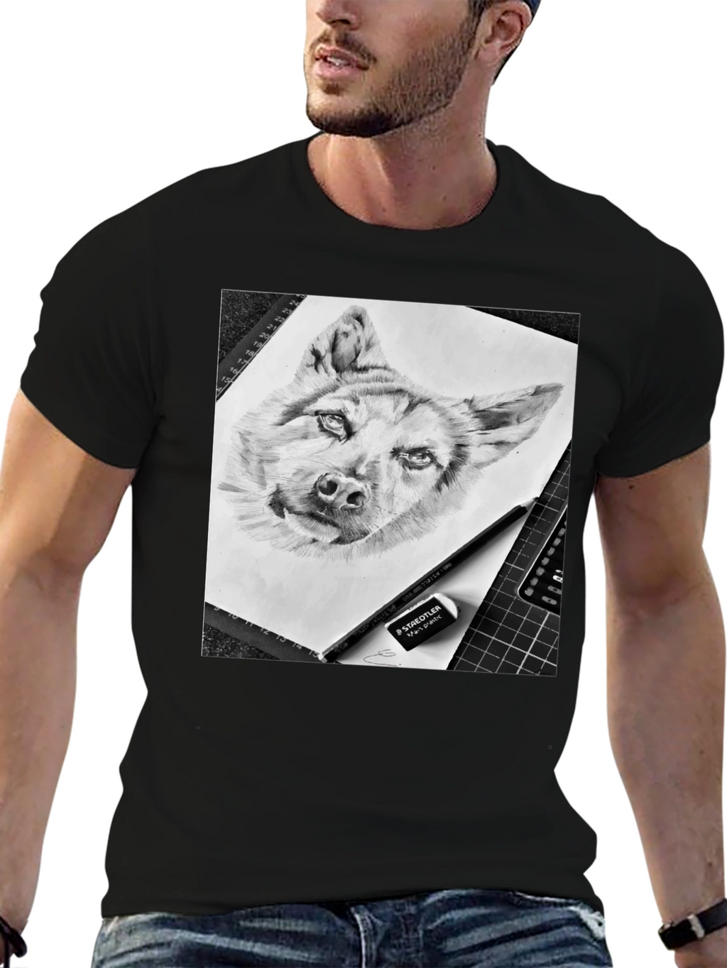 Dog Sketch Graphic Tee - Black Cotton Blend