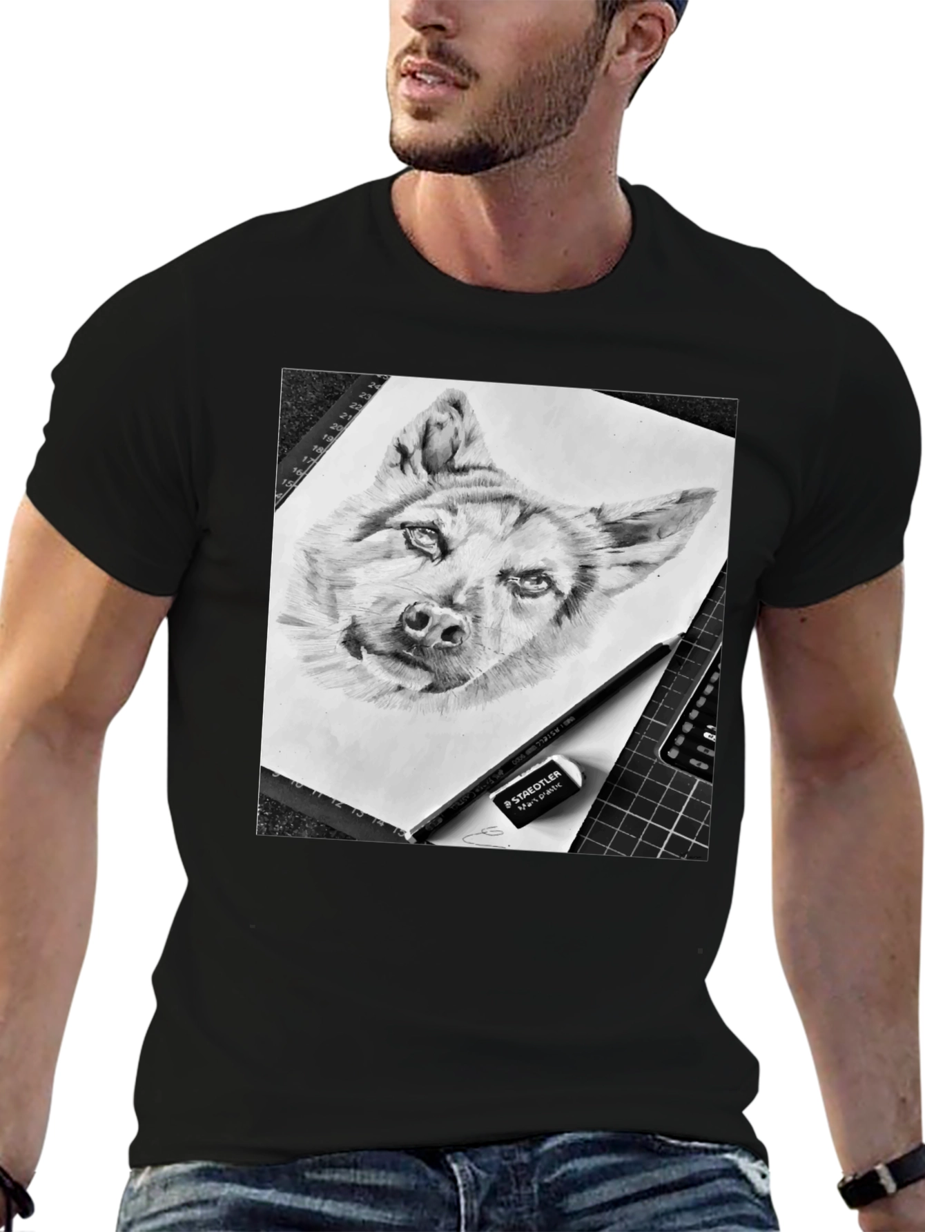 Dog Sketch Graphic Tee - Black Cotton Blend