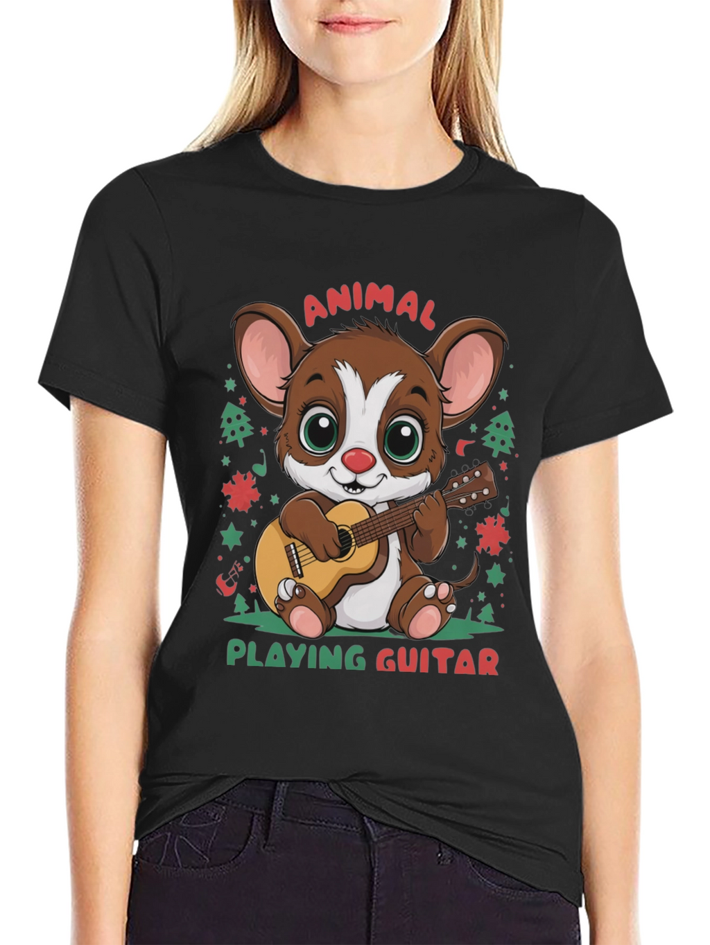 Cute Animal Playing Guitar Graphic T-Shirt