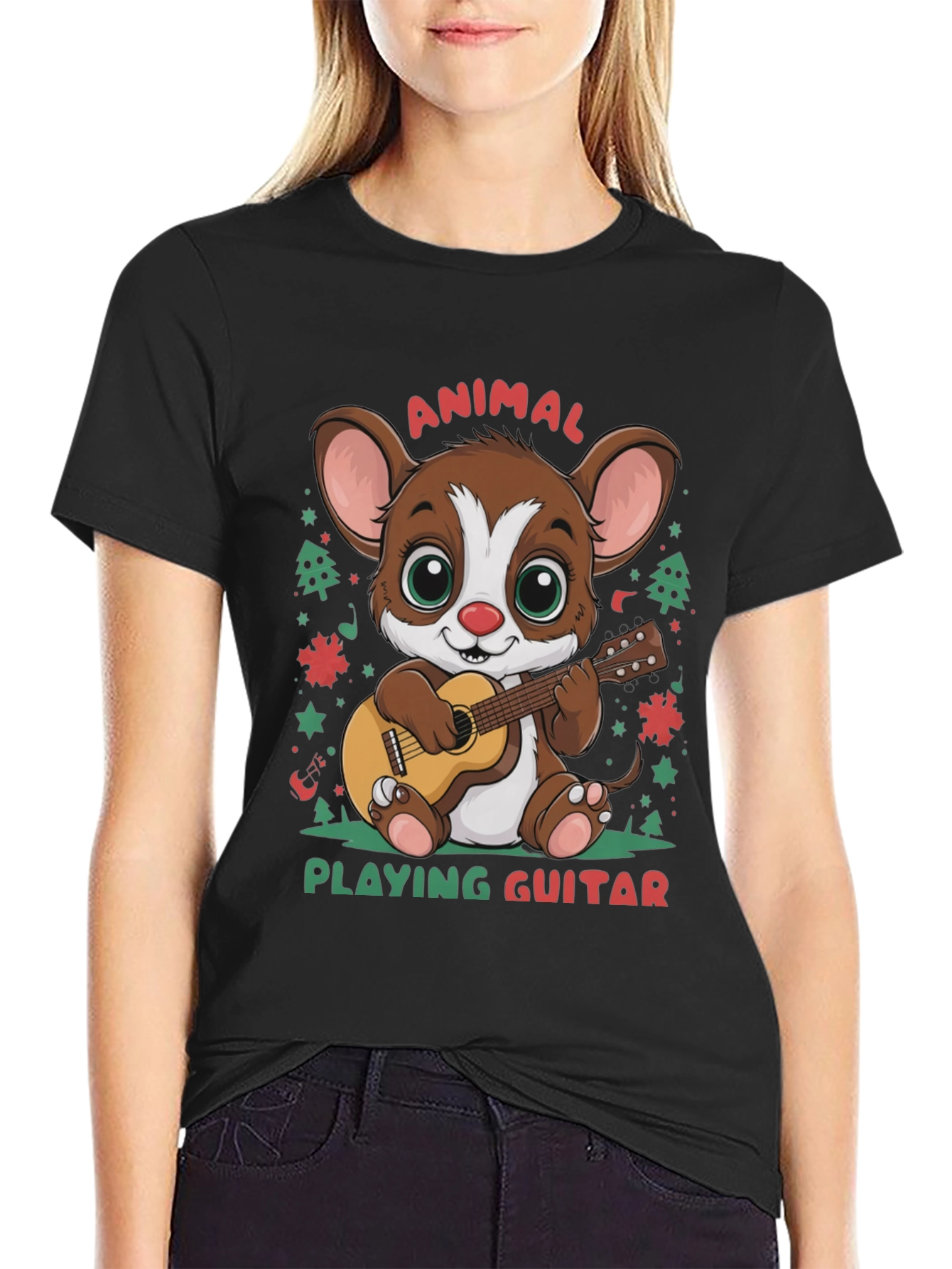 Cute Animal Playing Guitar Graphic T-Shirt