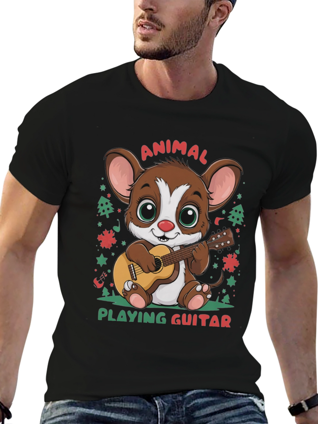Cute Animal Playing Guitar Graphic T-Shirt