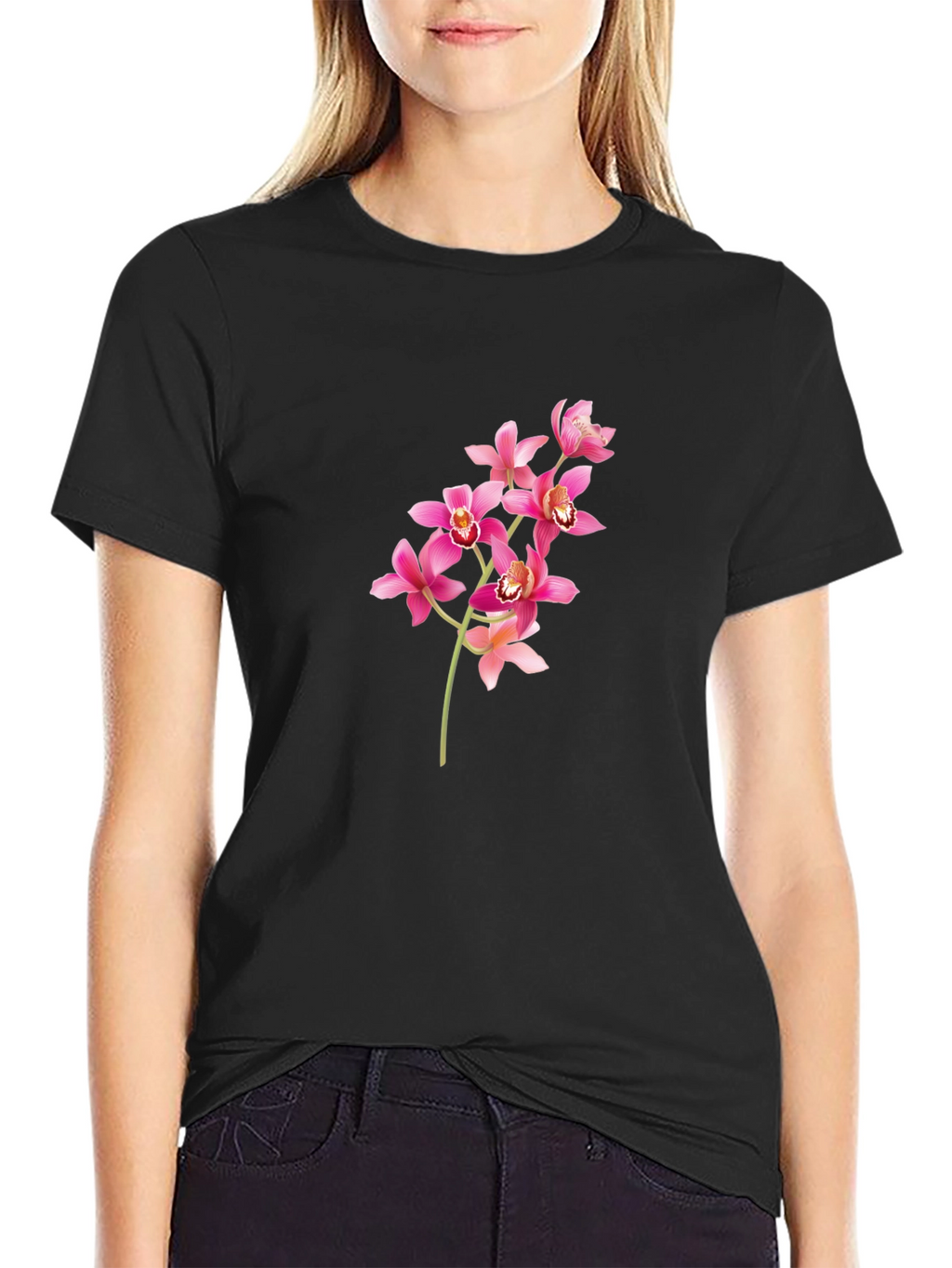 Black T-Shirt with Pink Orchid Design