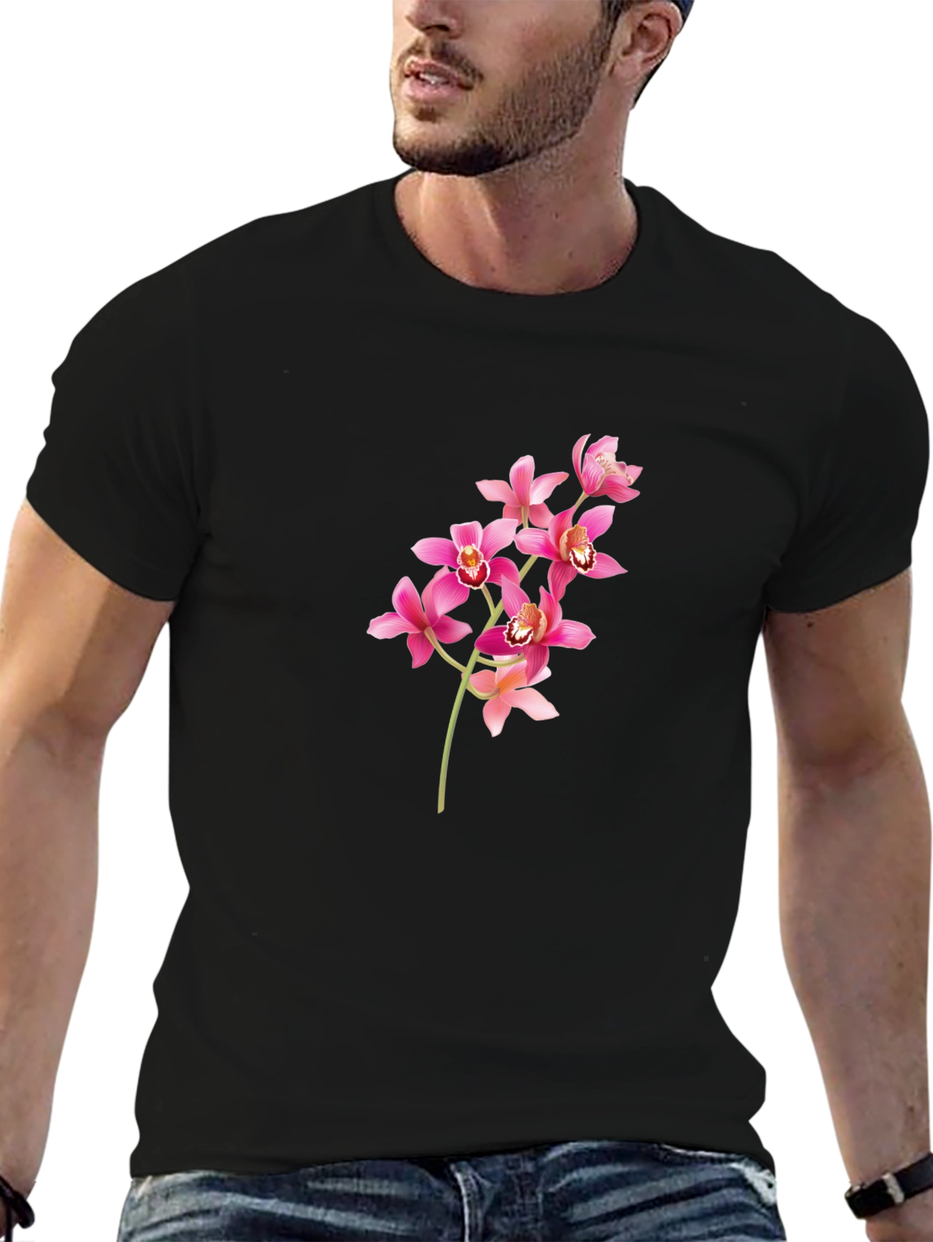 Black T-Shirt with Pink Orchid Design
