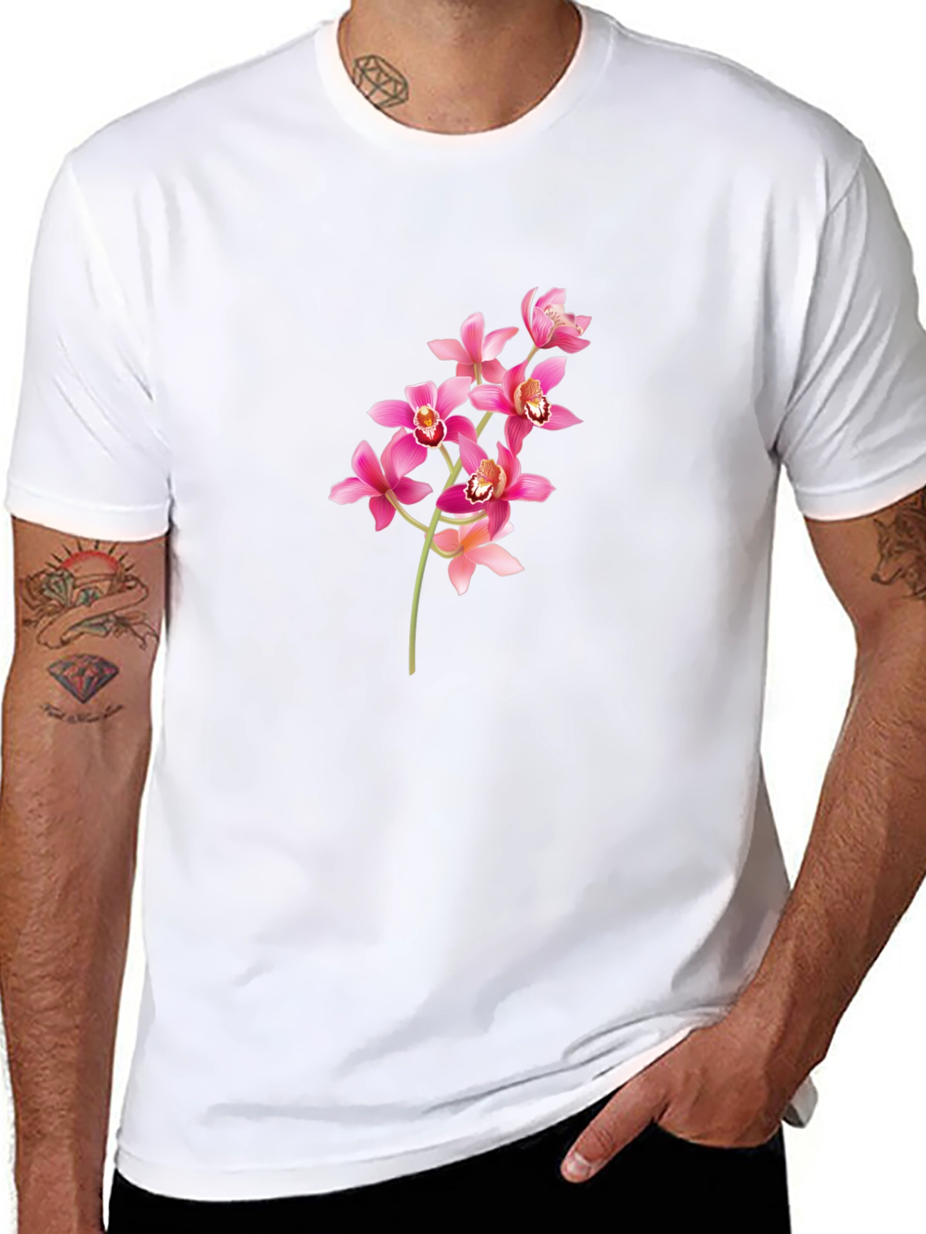Black T-Shirt with Pink Orchid Design