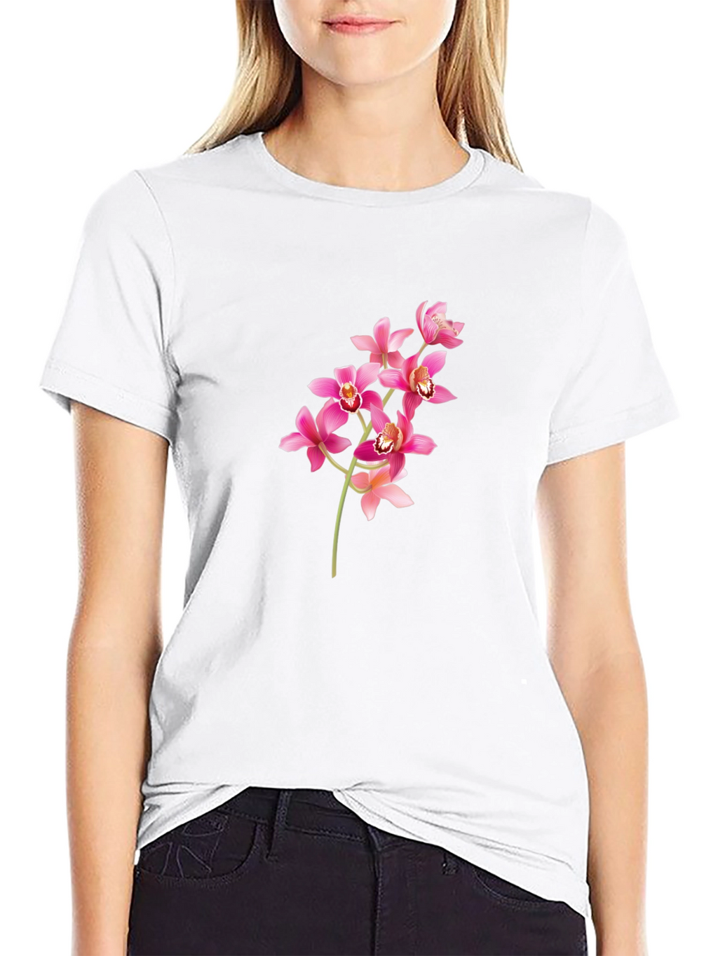Black T-Shirt with Pink Orchid Design