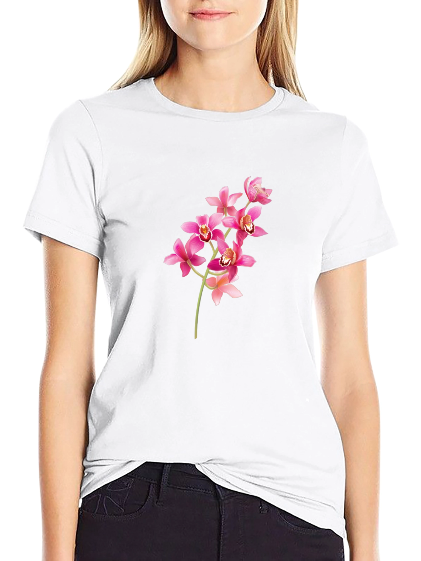 Black T-Shirt with Pink Orchid Design