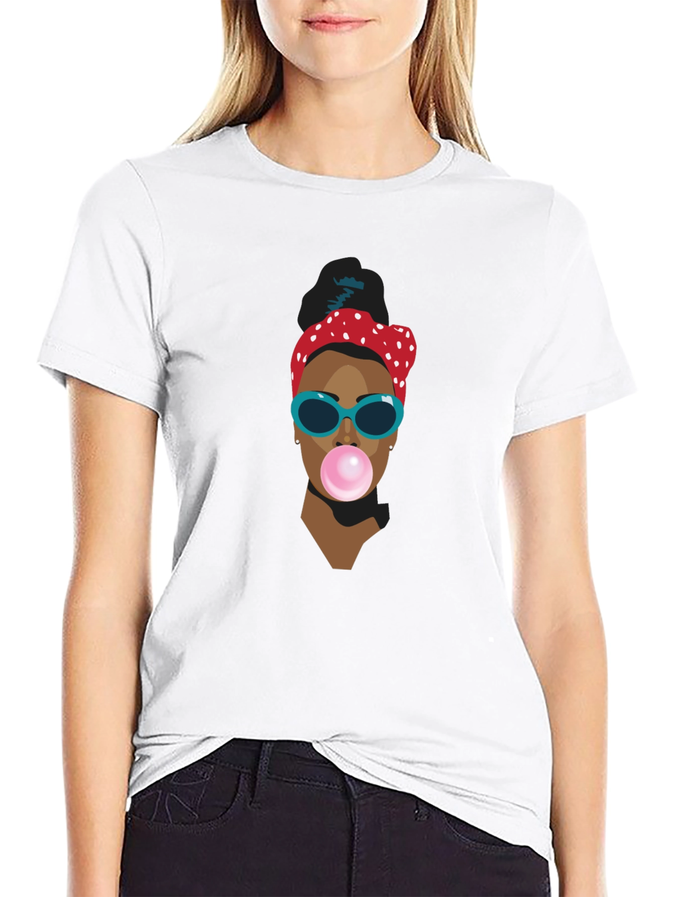 Funky Woman Blowing Bubble Gum Graphic T-Shirt
