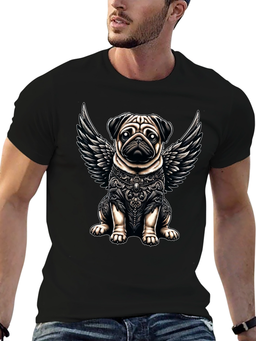 Angel Pug Graphic Tee - Stylish Black T-Shirt