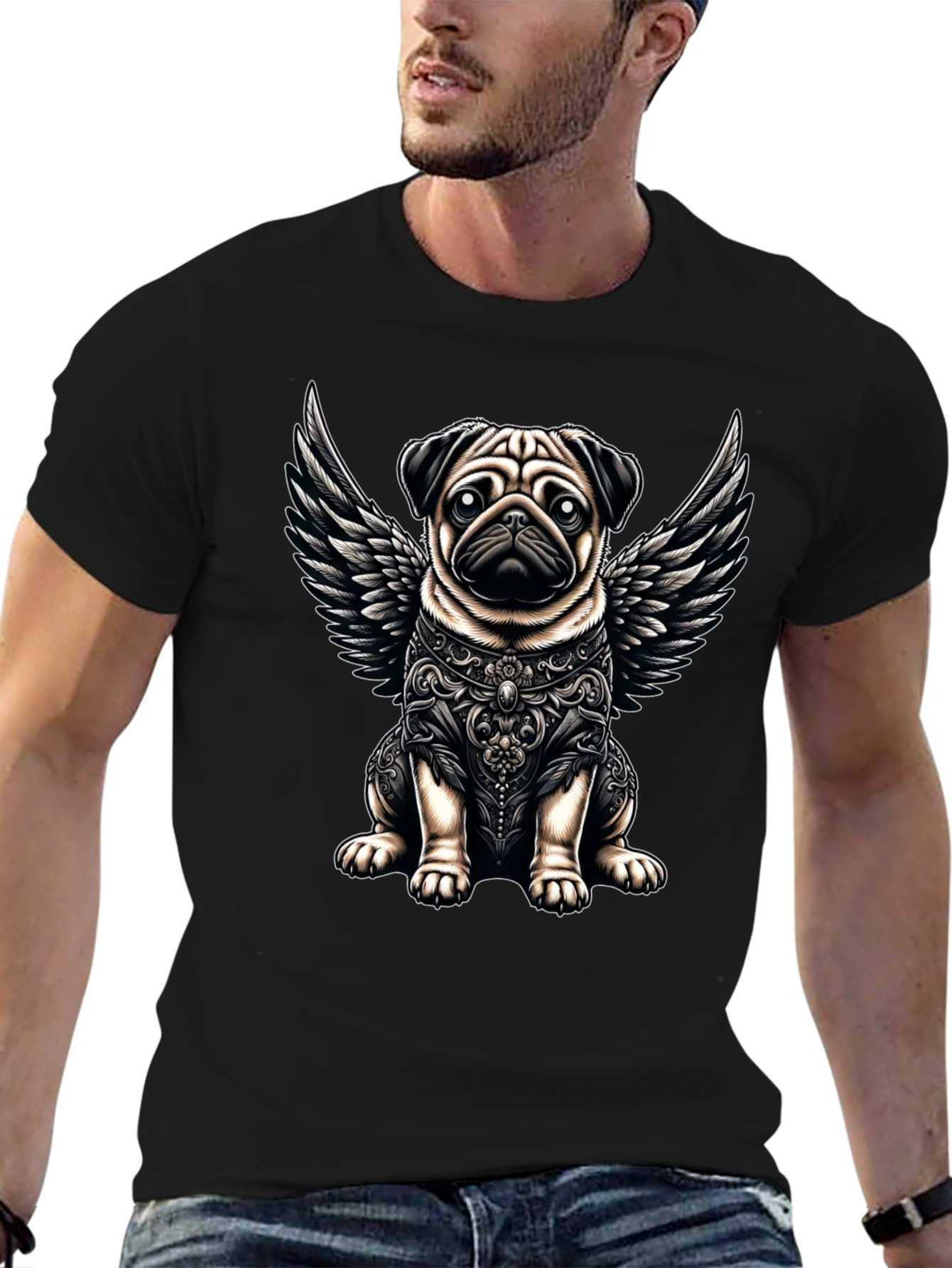 Angel Pug Graphic Tee - Stylish Black T-Shirt