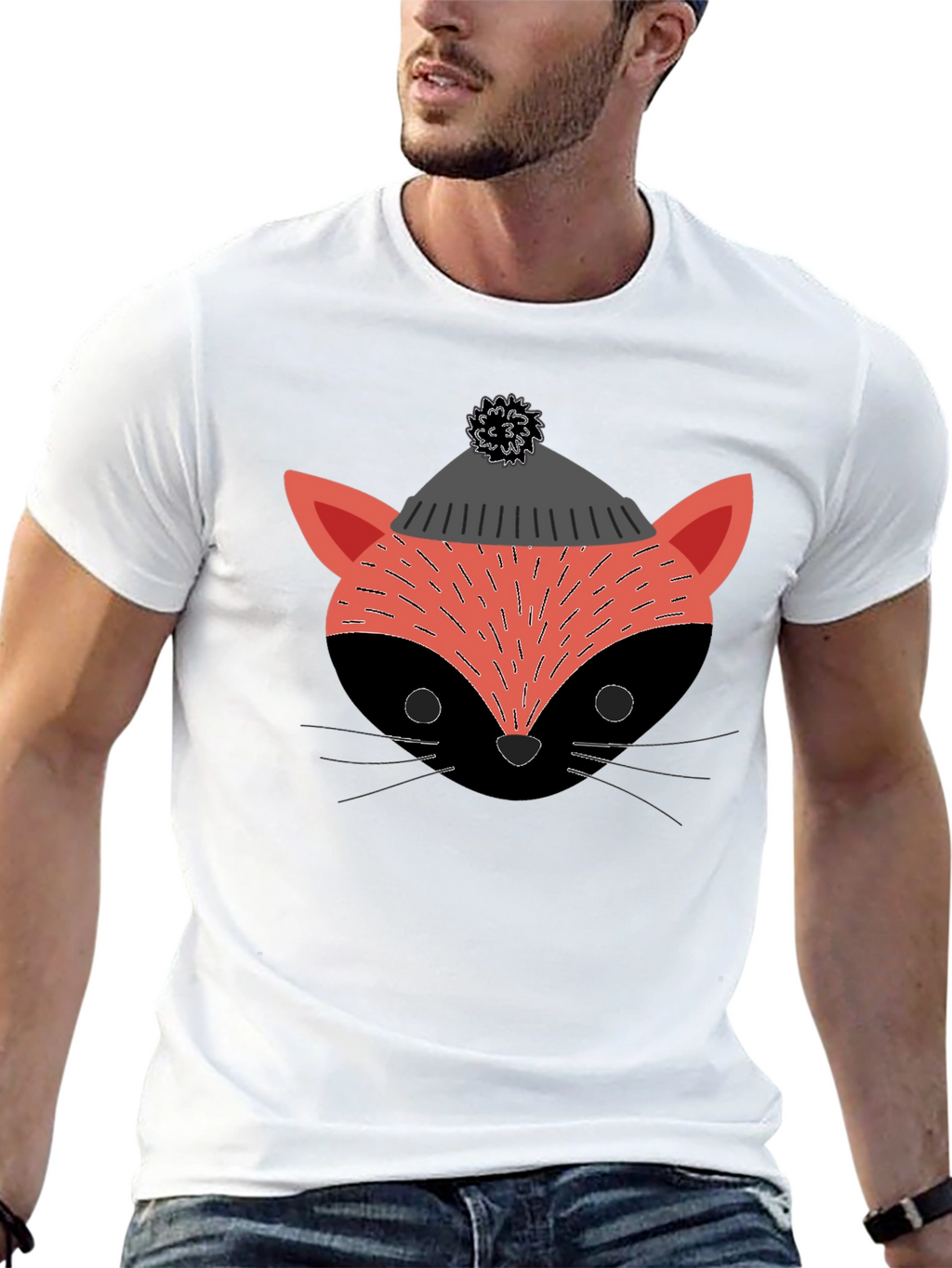 Stylish Fox in Hat Graphic T-Shirt - Black