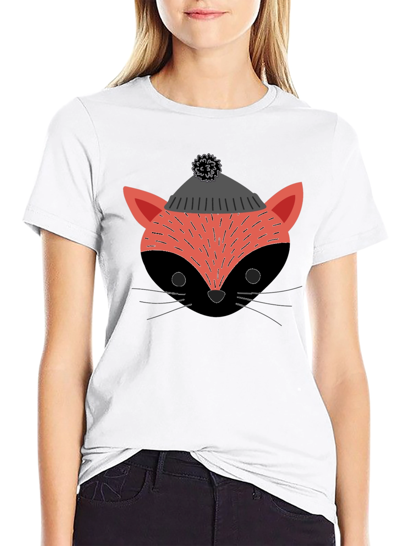 Stylish Fox in Hat Graphic T-Shirt - Black
