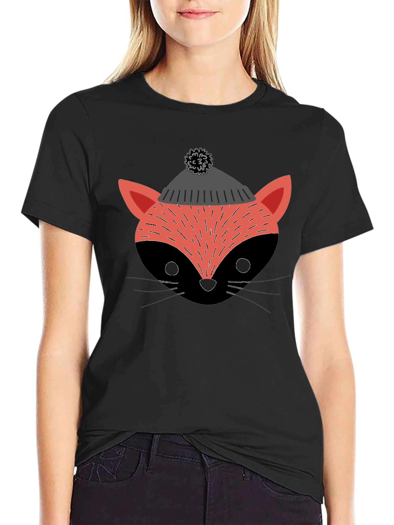 Stylish Fox in Hat Graphic T-Shirt - Black