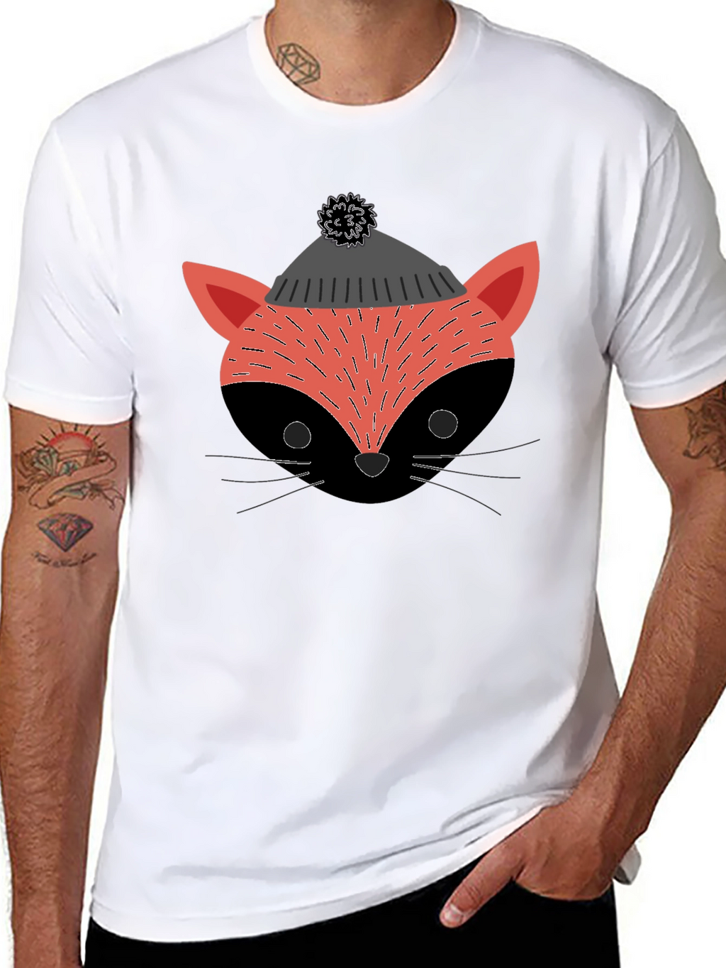 Stylish Fox in Hat Graphic T-Shirt - Black