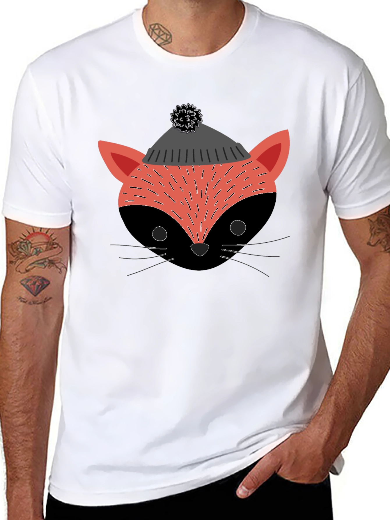 Stylish Fox in Hat Graphic T-Shirt - Black