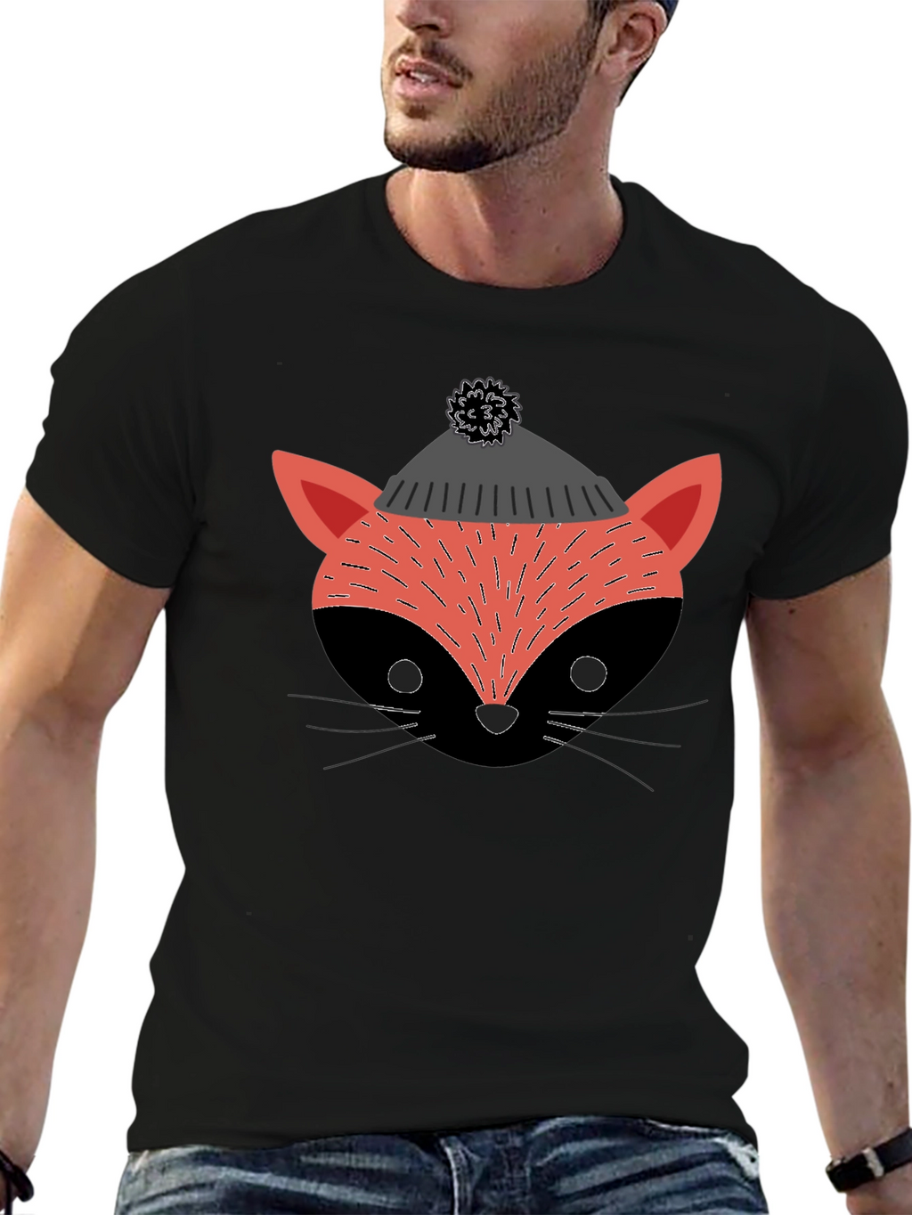 Stylish Fox in Hat Graphic T-Shirt - Black