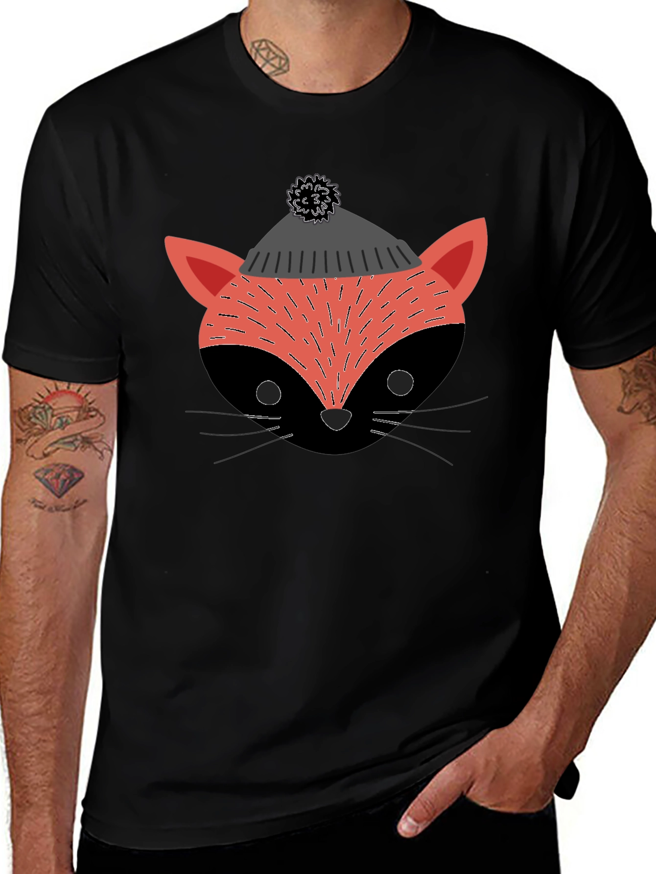 Stylish Fox in Hat Graphic T-Shirt - Black