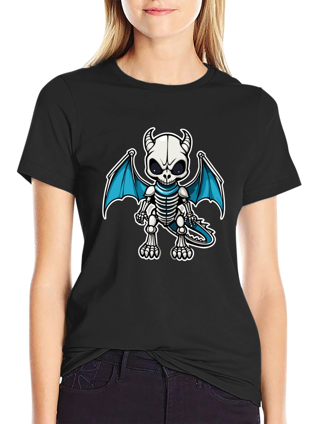 Skeleton Dragon Graphic Tee - Black Cotton Shirt