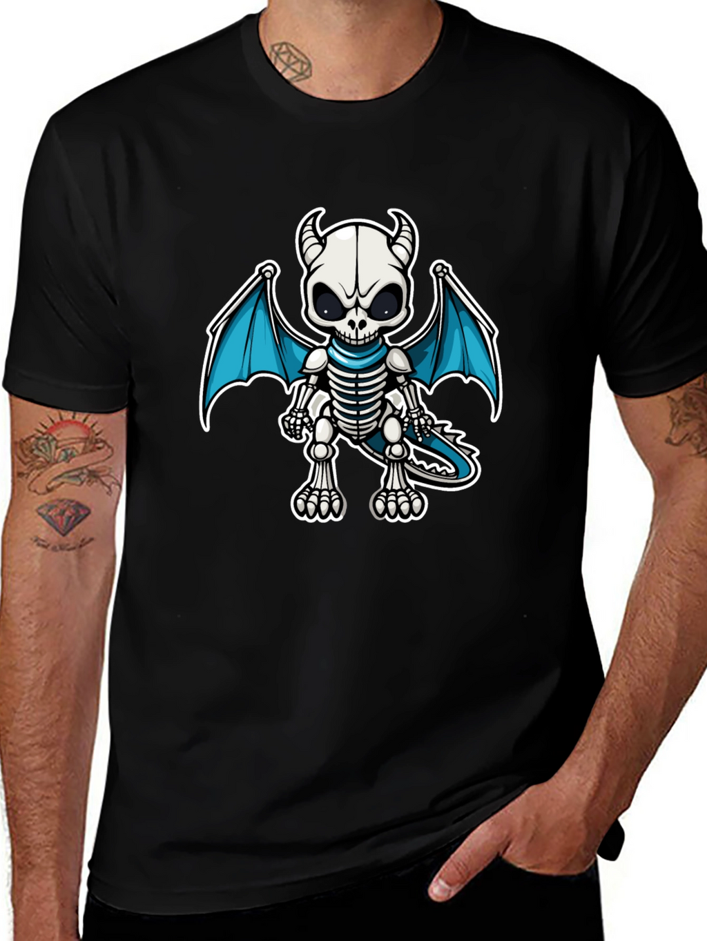 Skeleton Dragon Graphic Tee - Black Cotton Shirt