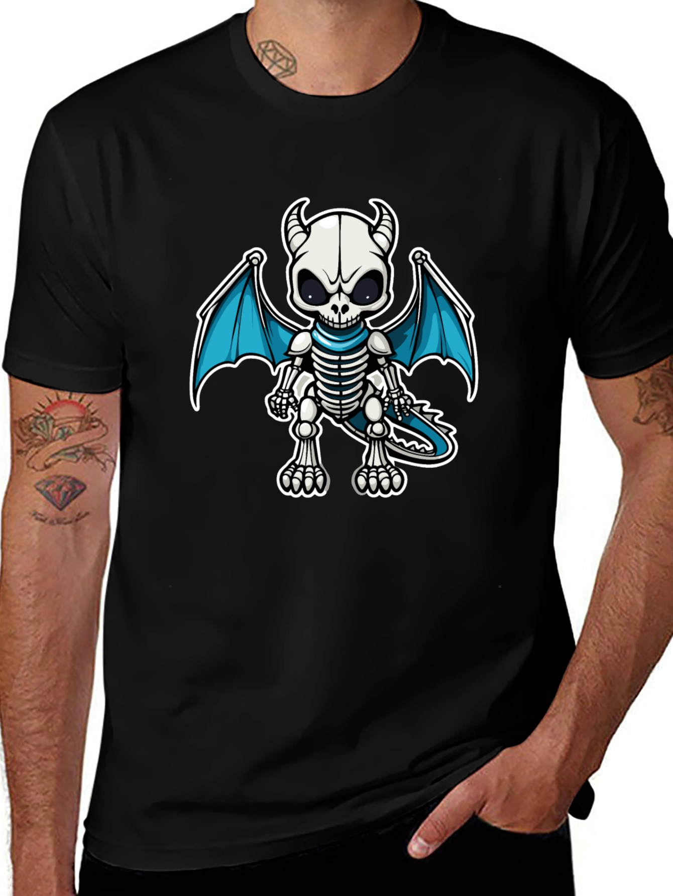 Skeleton Dragon Graphic Tee - Black Cotton Shirt