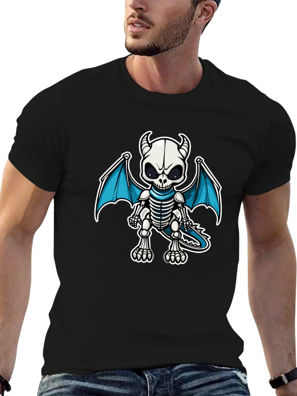 Skeleton Dragon Graphic Tee - Black Cotton Shirt