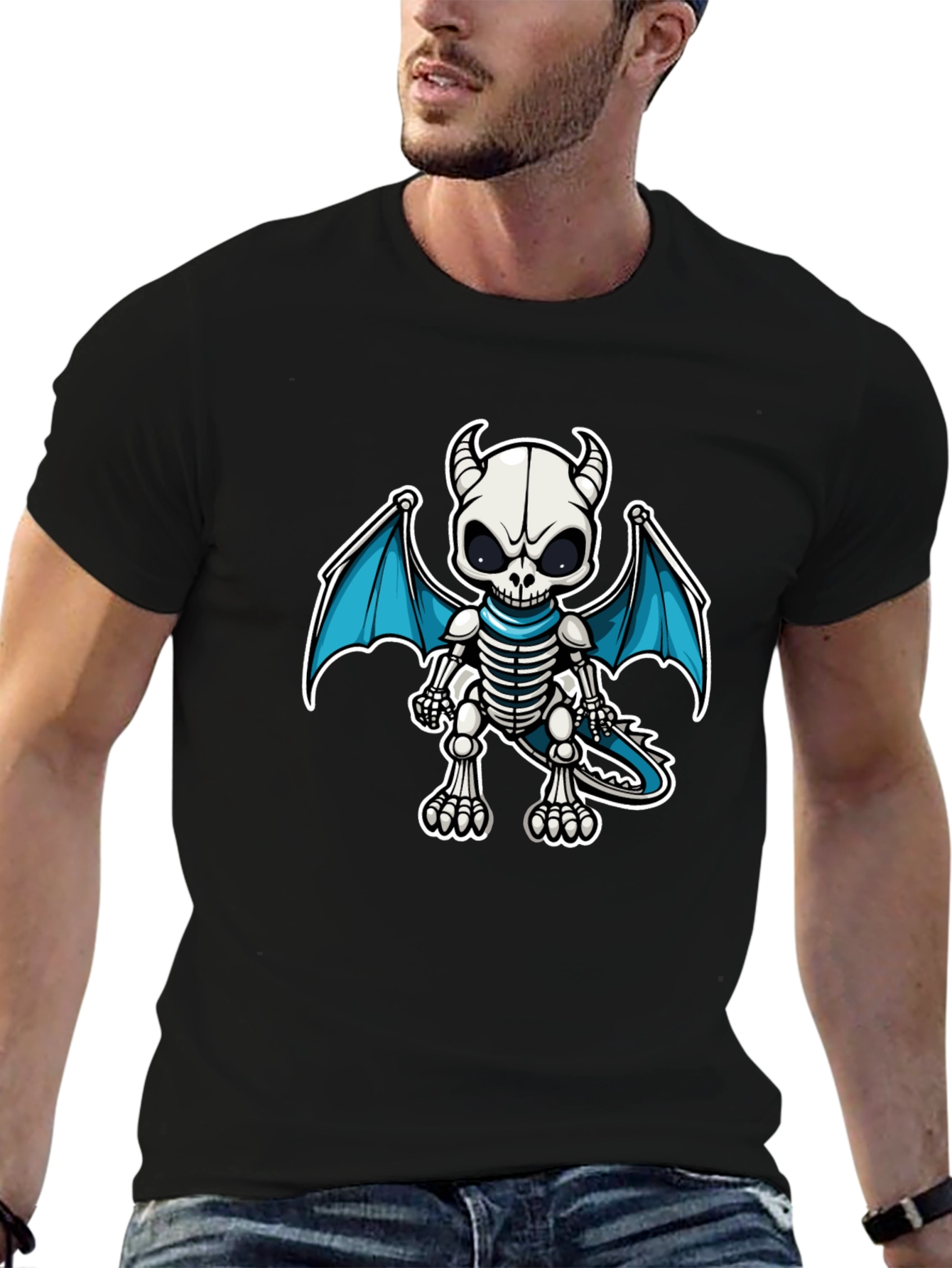 Skeleton Dragon Graphic Tee - Black Cotton Shirt
