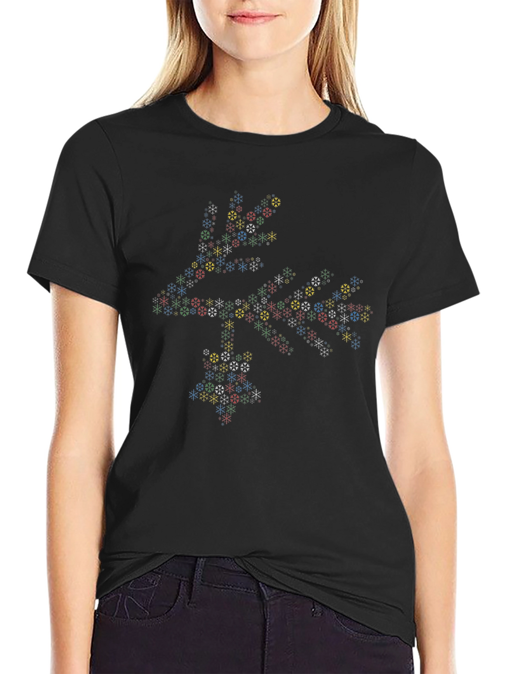 Geometric Snowflake Pattern Black T-Shirt